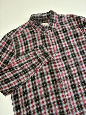 St. John’s Bay Grey Red Yellow & Black Plaid Cotton Cabin Core Flannel